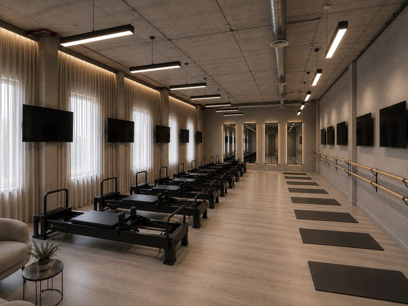 Sala studia Pracownia Ciała w Starachowicach z rzędem reformerów i matami do ćwiczeń